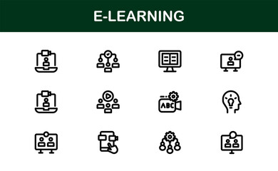 Professional E-learning icon collection crafted to elevate online education interfaces, course creators, and virtual classrooms with clean, modern visuals.