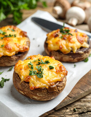 Appetizing baked stuffed mushrooms with cheese and herbs. Tasty snack. Delicious food.