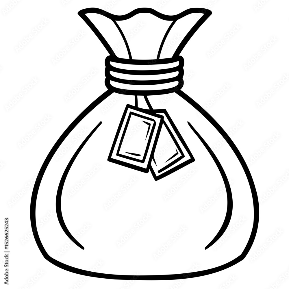 Poster a simple line drawing of a tied bag with two tags hanging from the tied area on transparent backgrou