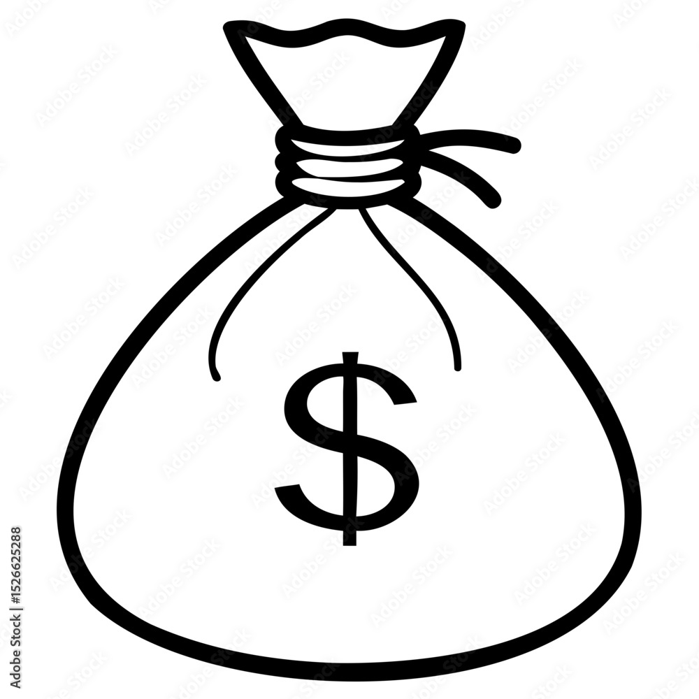 Poster a simple line drawing of a money bag with a dollar sign in the center design on transparent backgrou