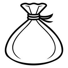 Illustration of a tied sack with a ribbon in black and white outline style art on transparent background