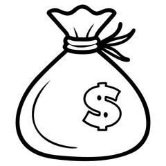 Illustration of a tied sack with a dollar sign on it in black and white outline on transparent background