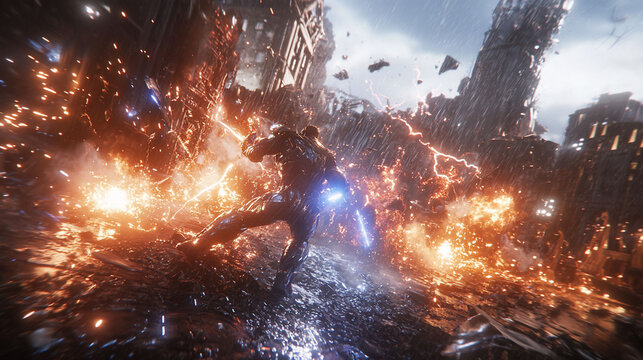 Fototapeta Powerful Robot Battle Futuristic City Destruction