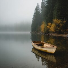 Obraz premium Wooden boat on calm lake in misty forest
