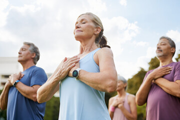 Active mature multiethnic people practicing meditation at park