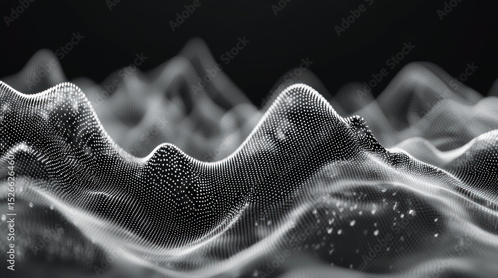 Poster abstract digital landscape: a grayscale rendering of a flowing, undulating digital terrain composed 