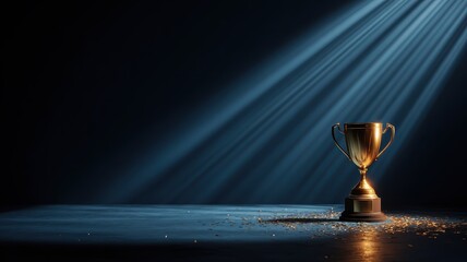 Golden Trophy Under Dramatic Light with Sparkling Confetti