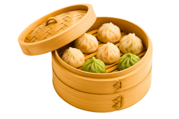 Steamed dumplings in a bamboo basket on a transparent background