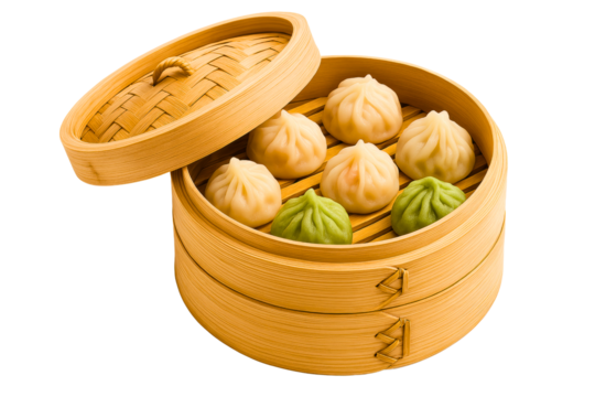 Steamed dumplings in a bamboo basket on a transparent background