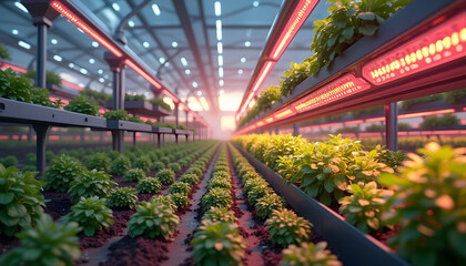 Indoor vertical farm with rows of plants under grow lights. Represents modern agriculture, urban farming, or sustainable food production. Innovative and high-tech.
