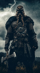 Powerful Viking Warrior in Stormy Landscape
