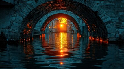 Ancient bridge archway, sunset over canal