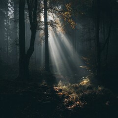 Sunlight piercing dark forest