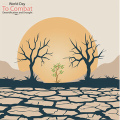 Minimalist silhouette vector for World Day to Combat Desertification and Drought, featuring dry trees and cracked earth to raise awareness of land degradation. bright sun , lone sprout,hope