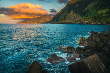 Amazing seashore view with colorful cliffs, Seixal, Madeira Island