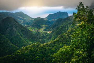 Beautiful green forest view from the Balcoes viewpoint, Madeira, Portugal