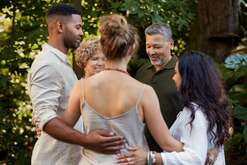 People hugs in circle with solidarity and gratitude