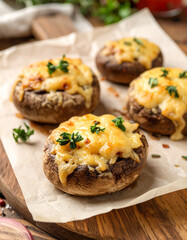 Appetizing baked stuffed mushrooms with cheese and herbs. Tasty snack. Delicious food.