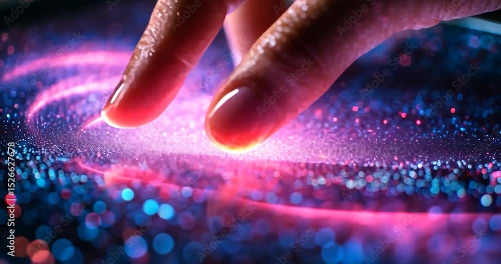 Poster close-up of a hand touching a digital tablet, with a colorful and blurry background. the hand intera