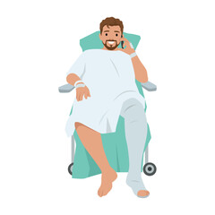 Injured Man Smiling in Hospital Chair While on Phone. Flat vector illustration isolated on white background
