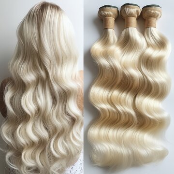 Blonde Hair Extensions. Bundle of Bleached Wavy Human Hair Weaves for Stunning Coiffure