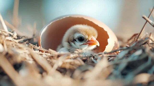 Newborn chick emerges from eggshell in rustic nest wildlife scene