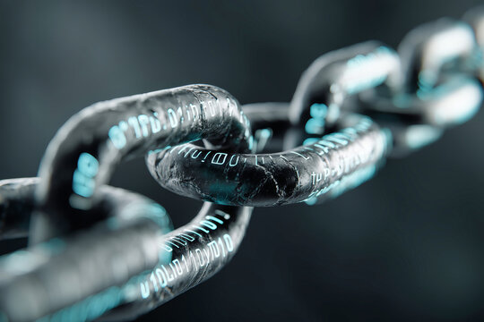 Close-up view of a cyber chain showcasing binary code for blockchain technology and data security