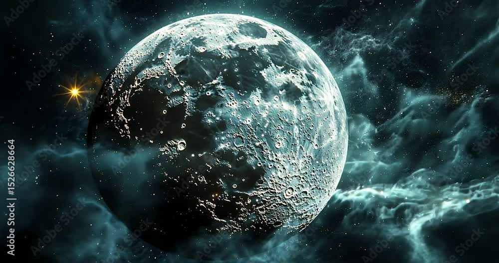 Poster a futuristic view of a planet amidst stars, featuring a sphere with a dotted pattern representing th