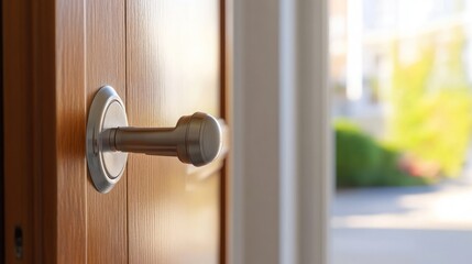 Obraz premium Wooden door with a silver handle, leading to a bright exterior