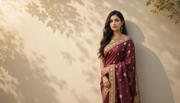 Elegant Woman in Maroon Sari: A captivating portrait of a young woman, exuding grace and elegance, standing against a textured wall adorned with leaf shadows. She is draped in a rich maroon sari.