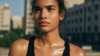 Determined young hispanic female athlete standing outdoors in urban setting