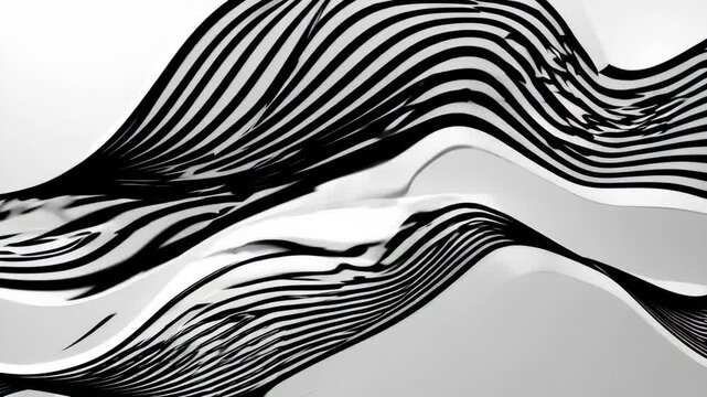 Abstract background with wavy black lines on a white background. The black lines create a flowing, textured pattern on the white surface. Minimal abstract gradient wavy line