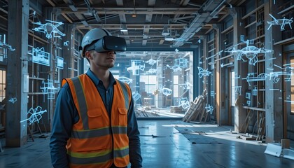 Male construction worker wearing VR glasses, virtual reality headset at a digital building site with projected 3D blueprints
