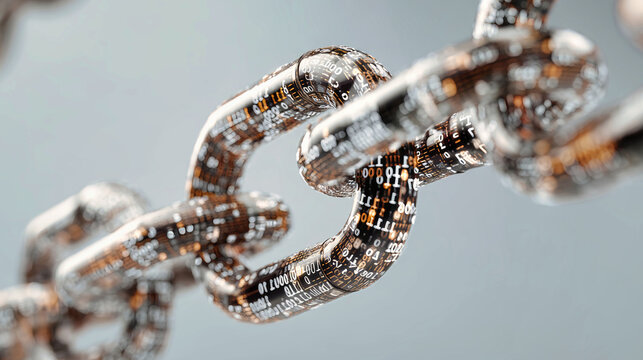 Close-up look at a cyber chain link with binary code illustrating the concept of blockchain technology