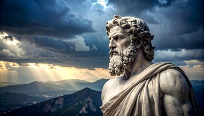 Ancient Greek statue of a powerful figure, set against a dramatic mountain and sky backdrop.