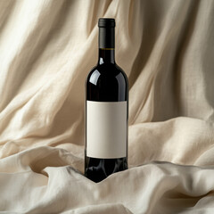 A high-end wine bottle mockup placed on a soft ochre-colored surface, with dramatic natural lighting casting artistic shadows. . High quality photo