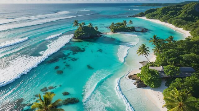 Stunning 360VR Aerial View of Tropical Island Beach with Turquoise Lagoon and Gentle Waves