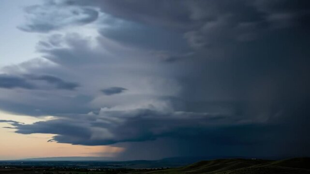 Time-lapse of a massive thunderstorm forming over a dark landscape. Heavy, churning clouds roll in rapidly, building into towering cumulonimbus formations. The sky darkens as flashes of lightning