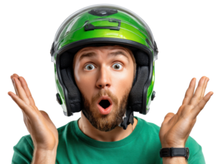 Astonishment Under the Helmet: A close-up portrait captures the wide-eyed, surprised expression of a man wearing a vibrant green helmet, highlighting the raw emotion and unexpectedness.