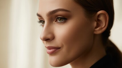 Fototapeta premium Close-up portrait of young caucasian female with soft lighting and neutral expression