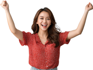 Joyful Embrace: Capture a moment of pure happiness and celebration as a vibrant woman radiates joy with outstretched arms, her radiant smile echoing triumph and delight.