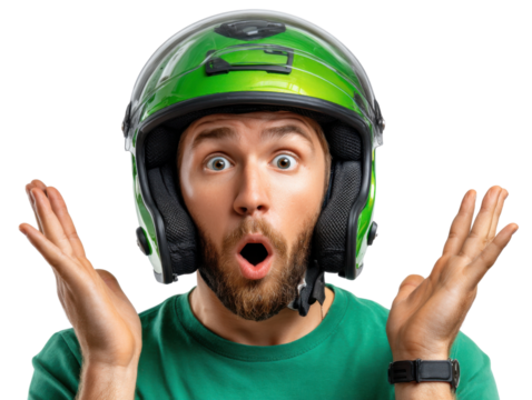 Astonishment Under the Helmet: A close-up portrait captures the wide-eyed, surprised expression of a man wearing a vibrant green helmet, highlighting the raw emotion and unexpectedness.