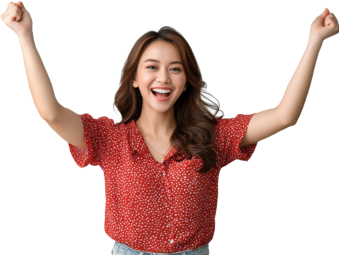 Joyful Embrace: Capture a moment of pure happiness and celebration as a vibrant woman radiates joy with outstretched arms, her radiant smile echoing triumph and delight.