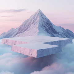 A high-quality, ultra-detailed surreal image of a majestic snow-covered mountain peak, emerging vertically through two clean, horizontal, floating slabs or platforms. High quality photo