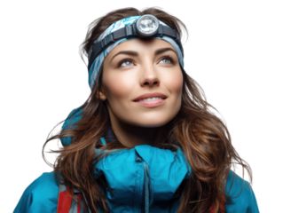 Adventurous Explorer Gazing Upward: A determined explorer wearing a headlamp, looks up, demonstrating determination and anticipation in an outdoor adventure setting.