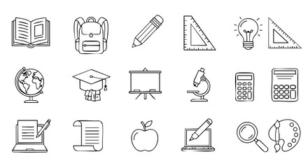 Outline School Icon Set with Backpack, Book, Globe, Microscope