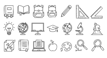 Outline School Icon Set with Backpack, Book, Globe, Microscope