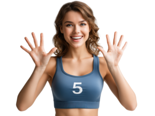 The Number 5: A woman holding her hands up, displaying the number five on her shirt, inviting viewers to engage and reflect upon the numerical concept presented.