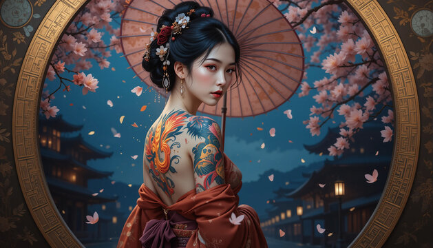 Geisha with Tattoo under cherry blossom: A captivating geisha, adorned with an intricate tattoo and holding a parasol, gazes thoughtfully.