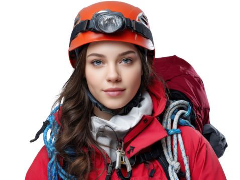 Conqueror’s Gaze: A determined climber stands poised, equipped and ready to summit, embodying the spirit of adventure and the pursuit of excellence.